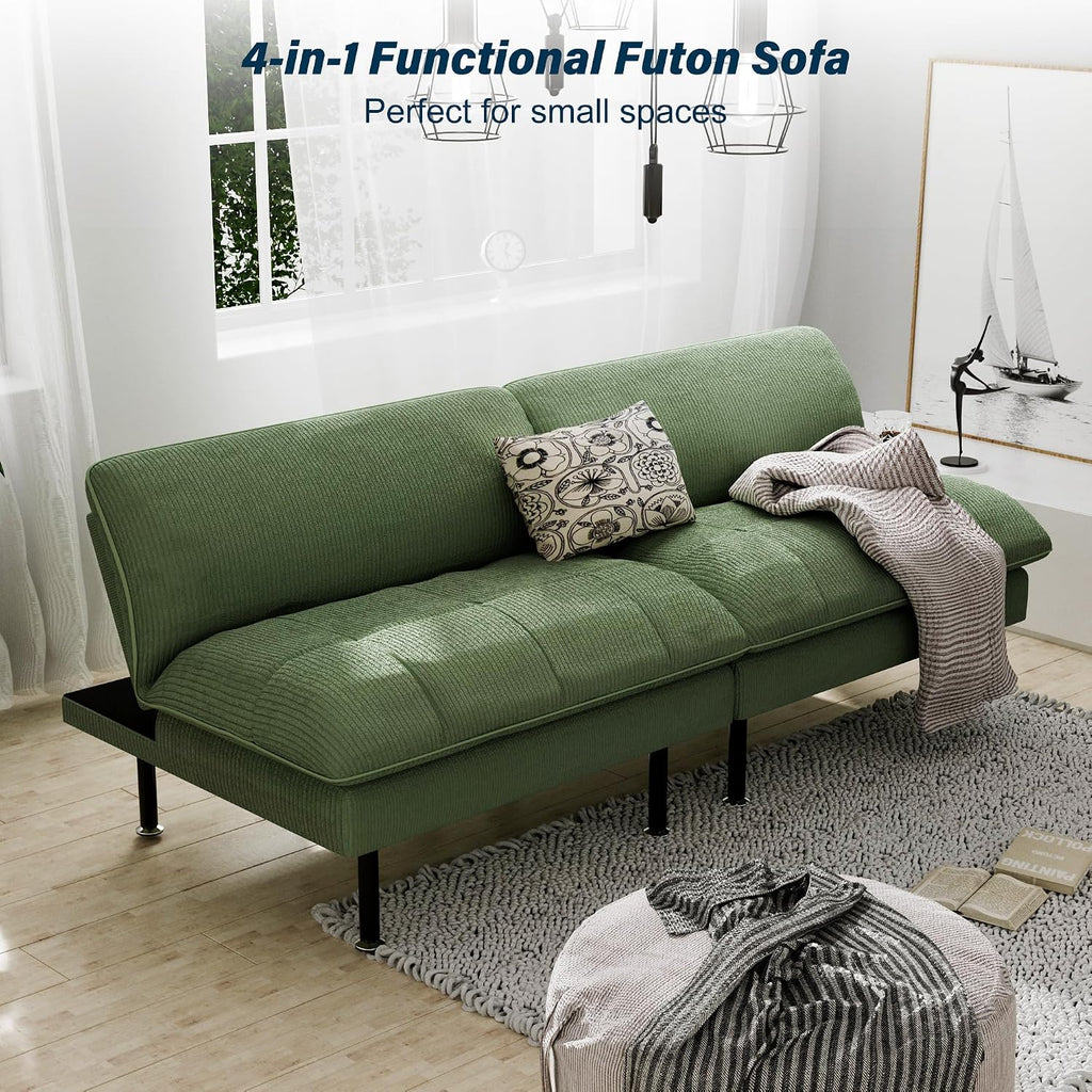 Ribilake 2 Sets 70" Futon Sofa Bed, 4 in 1 Multi-Function Couch Sleeper with Adjustable Backrest, Modern Convertible Futon, Recliner Small Loveseat for Living Room, Green