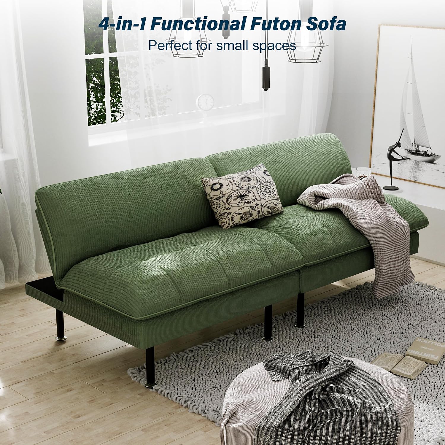 Ribilake 2 Sets 70" Futon Sofa Bed, 4 in 1 Multi-Function Couch Sleeper with Adjustable Backrest, Modern Convertible Futon, Recliner Small Loveseat for Living Room, Green