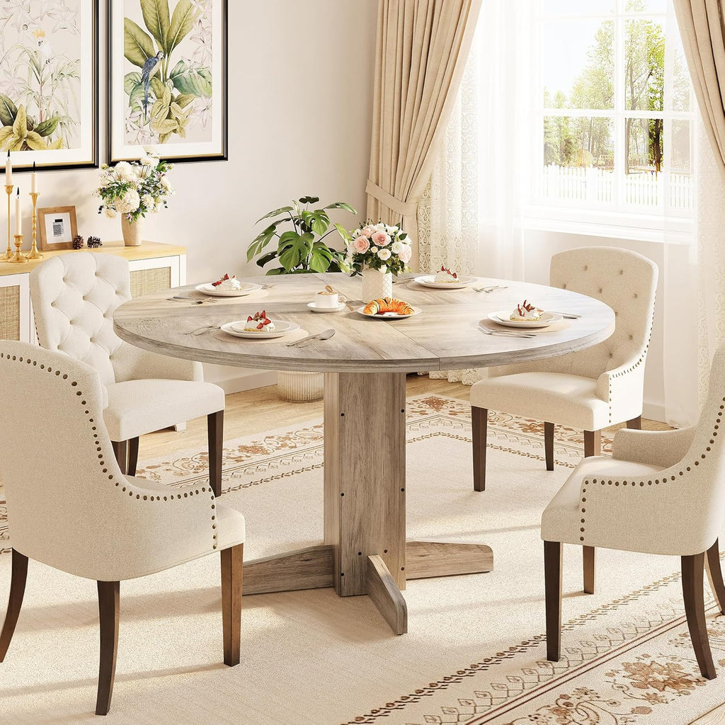Round Dining Table for 4-6 People,Circle Dining Table, 47 Inch Farmhouse Kitchen Table with Sturdy Pedestal Base,Finish Circle Table for Dining Room, Living Room, Apartment