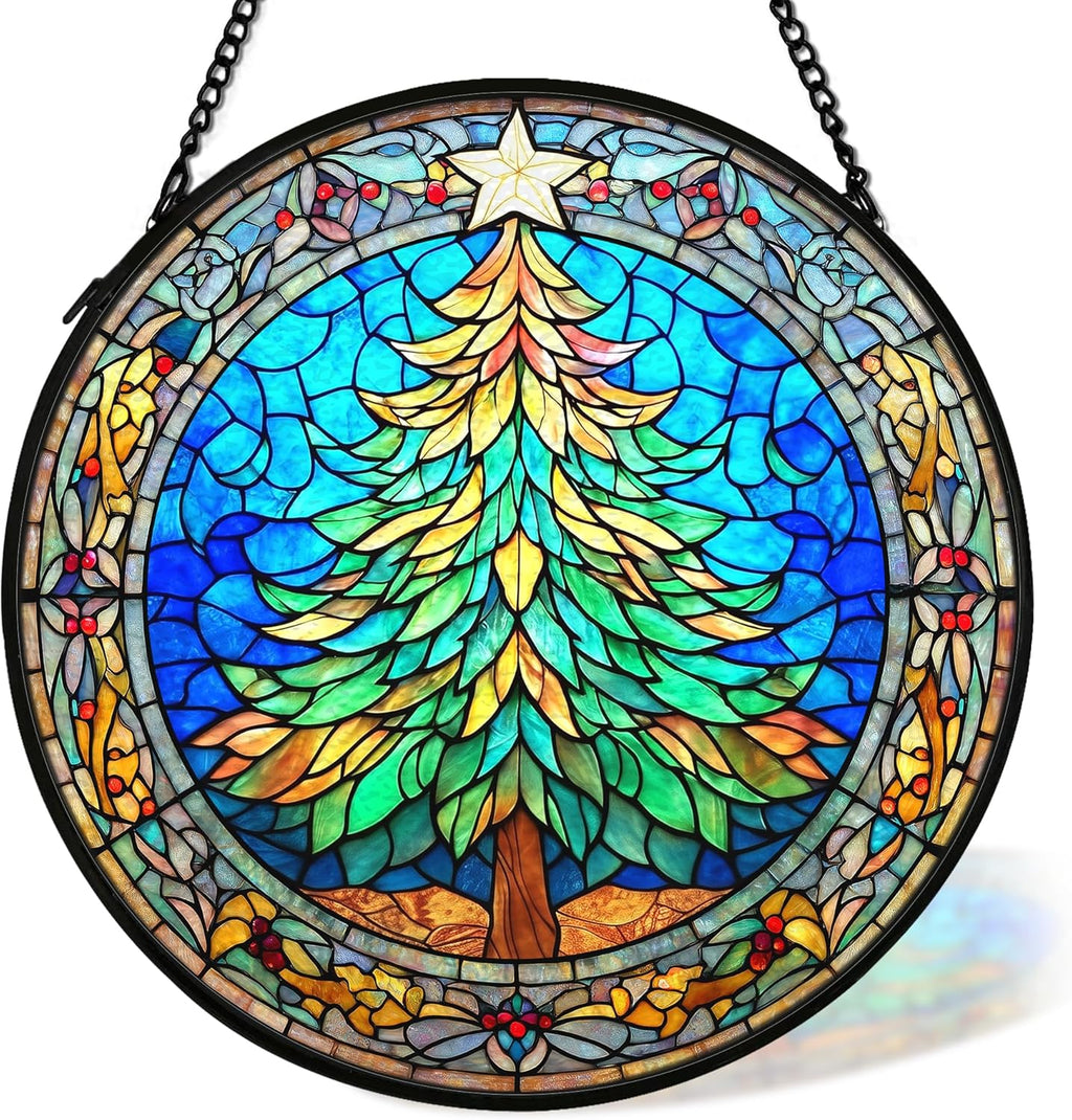 Christmas Tree Suncatcher Stained Glass Window Hanging Decor, Winter Xmas Tree Stained Glass Wall Decor, Christmas Garden Sun Catchers Indoor Window Hanging Wall Art Lawn, 7.9x7.9 Inch