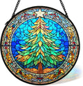 Christmas Tree Suncatcher Stained Glass Window Hanging Decor, Winter Xmas Tree Stained Glass Wall Decor, Christmas Garden Sun Catchers Indoor Window Hanging Wall Art Lawn, 7.9x7.9 Inch