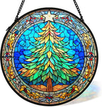 Christmas Tree Suncatcher Stained Glass Window Hanging Decor, Winter Xmas Tree Stained Glass Wall Decor, Christmas Garden Sun Catchers Indoor Window Hanging Wall Art Lawn, 7.9x7.9 Inch