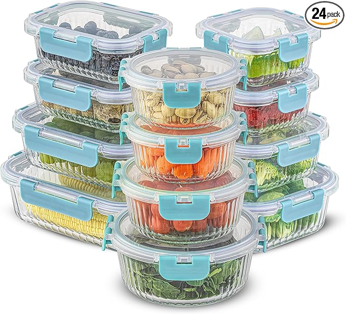JoyJolt 24pc Borosilicate Glass Storage Containers with Lids | 12 Airtight/Freezer Safe Food Storage Containers for Pantry and Kitchen | Meal Prep Container for Lunch | Glass Tupperware Set