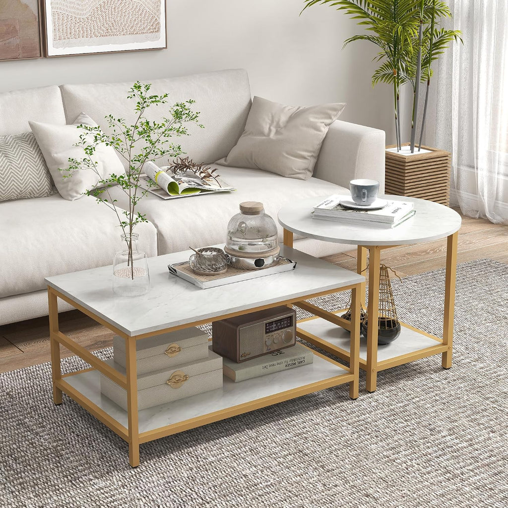 Brilluxa Coffee Table Set, 2-Piece Cocktail Table and Living Room Table Set with Rectangle and Round Tables, Faux Marble Tops, Storage Shelves for Small Spaces