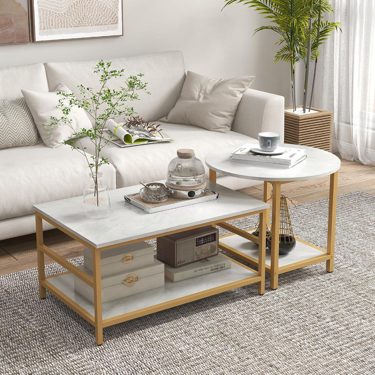 Brilluxa Coffee Table Set, 2-Piece Cocktail Table and Living Room Table Set with Rectangle and Round Tables, Faux Marble Tops, Storage Shelves for Small Spaces