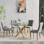 Round Glass Dining Table Set for 4, Small Kitchen Table Set for 4, 47" Circle Glass Dinner Table and Grey Velvet Chairs Set of 4,5 Piece Round Dining Room Table Set for Dinette Breakfast Cafe Party