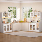 Korfile 71" Pantry Cabinet, Tall Kitchen Pantry Cabinet with Charging Station & LED Light, Kitchen Hutch with Wine Rack, Pantry Storage Cabinets with Microwave Stand for Dining Room, White