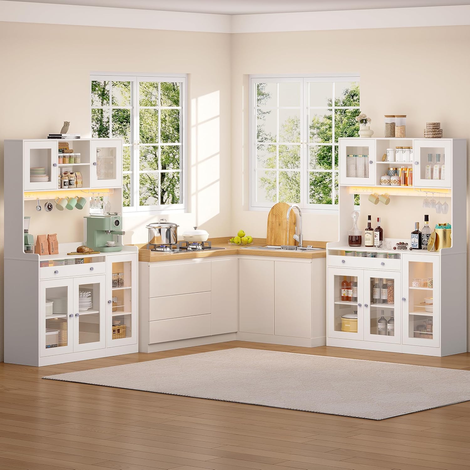 Korfile 71" Pantry Cabinet, Tall Kitchen Pantry Cabinet with Charging Station & LED Light, Kitchen Hutch with Wine Rack, Pantry Storage Cabinets with Microwave Stand for Dining Room, White