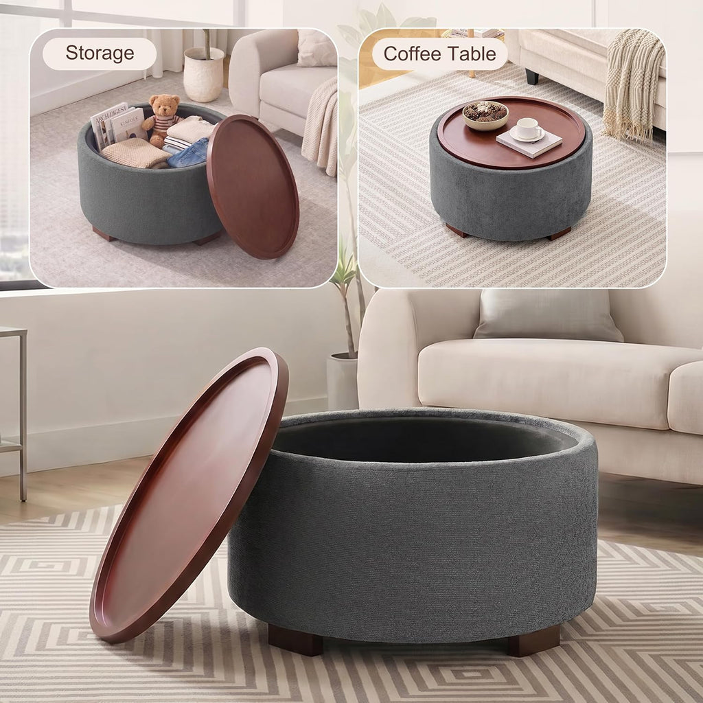 29.1 Inch Round Ottoman Coffee Table, Ottoman with Storage, Boucle Grey | Storage Ottoman with Removable Lid Top, Solid Wood Legs, Round Ottoman for Living Room, Bedroom, Apartments