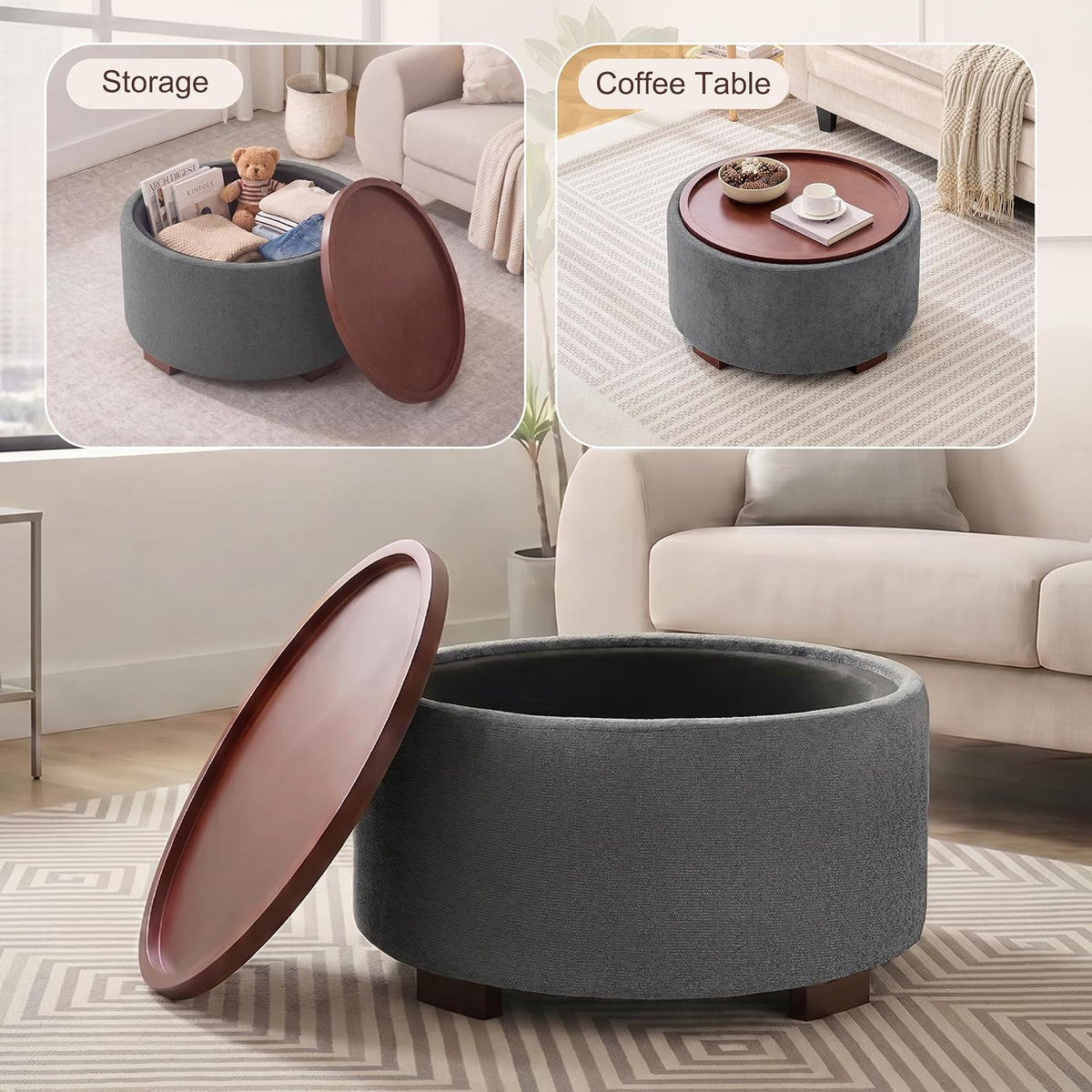 29.1 Inch Round Ottoman Coffee Table, Ottoman with Storage, Boucle Grey | Storage Ottoman with Removable Lid Top, Solid Wood Legs, Round Ottoman for Living Room, Bedroom, Apartments