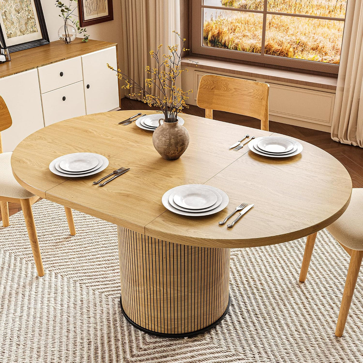 Extendable Dining Room Table Round Dining Table for 4 6 8, 43"-59" Modern Wood Kitchen Table with Removable Leaves Extendable Dinner Tables|Living Room|Small Space