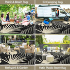 Waterproof Outdoor Rug 9x12 ft, Reversible Plastic Straw Mat with Leaf Pattern, Large Floor Mat for Patio, Camping, Picnic, Backyard RV, Deck, Black