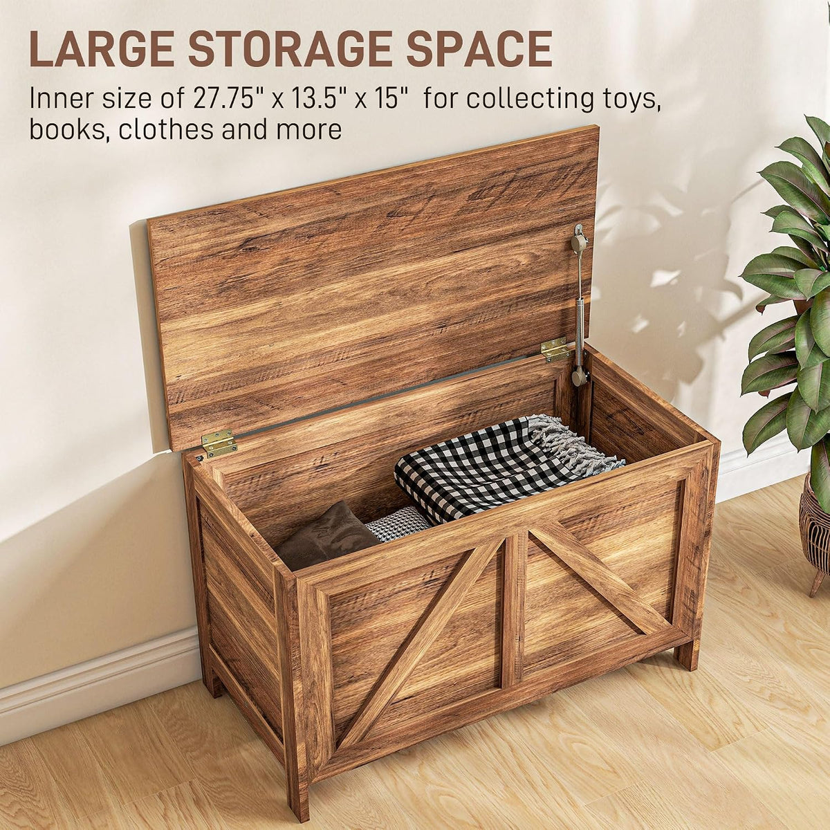 HOMCOM 30" Farmhouse Storage Bench Lift Top Storage Chest in Brown Oak | Safety Hinge, Open Up 100°, Wooden Trunk, Bedroom, Entryway, Living Room