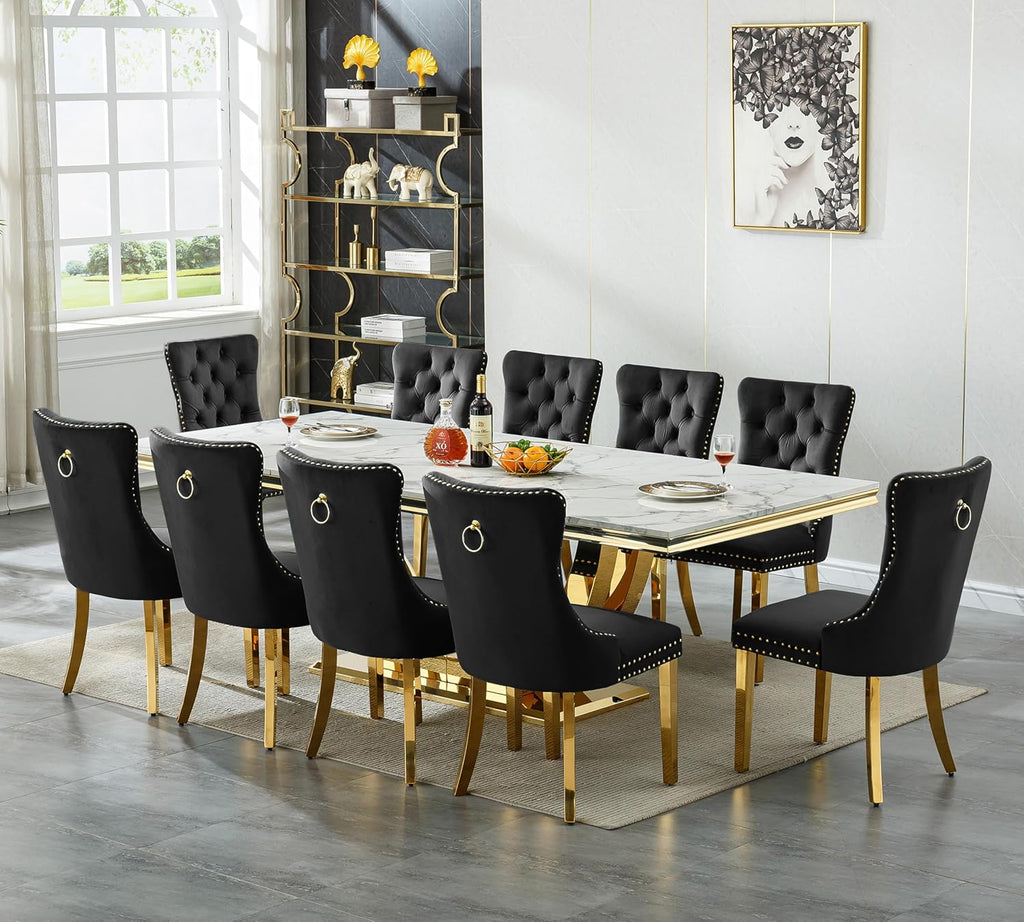 Henf 95 Inch White Faux Marble Dining Room Table for 4 6 8 10, Modern Gold Kitchen Table with U-Shape Stainless Steel Pedestal, Luxury Large Rectangle Dinner Tables for Kitchen, Dining Room