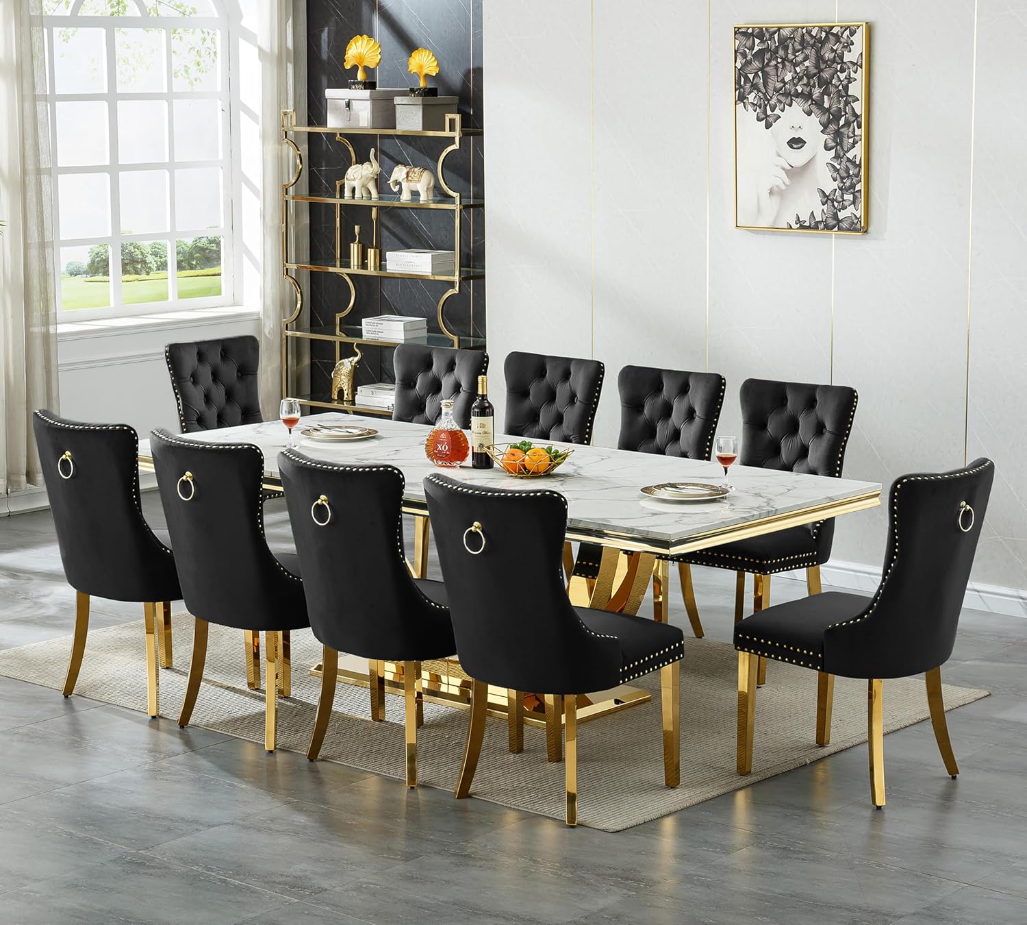 Henf 95 Inch White Faux Marble Dining Room Table for 4 6 8 10, Modern Gold Kitchen Table with U-Shape Stainless Steel Pedestal, Luxury Large Rectangle Dinner Tables for Kitchen, Dining Room