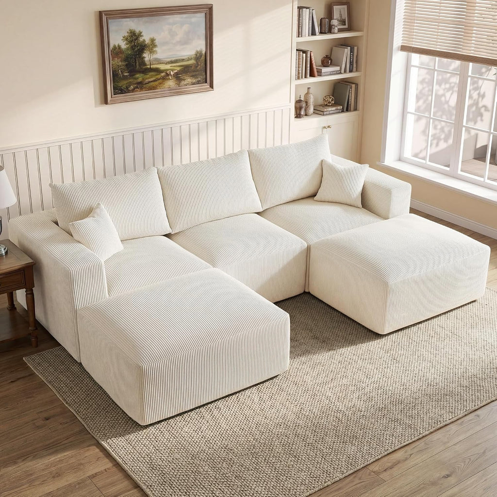 Gericco 113" Modular Sectional Couch, Cloud Sofa with Deep Seats, Upholstered Corduroy U-Shaped Sleeper Sofa with Chaise, 3-Seater Couches for Living Room, No Assembly Required, Beige