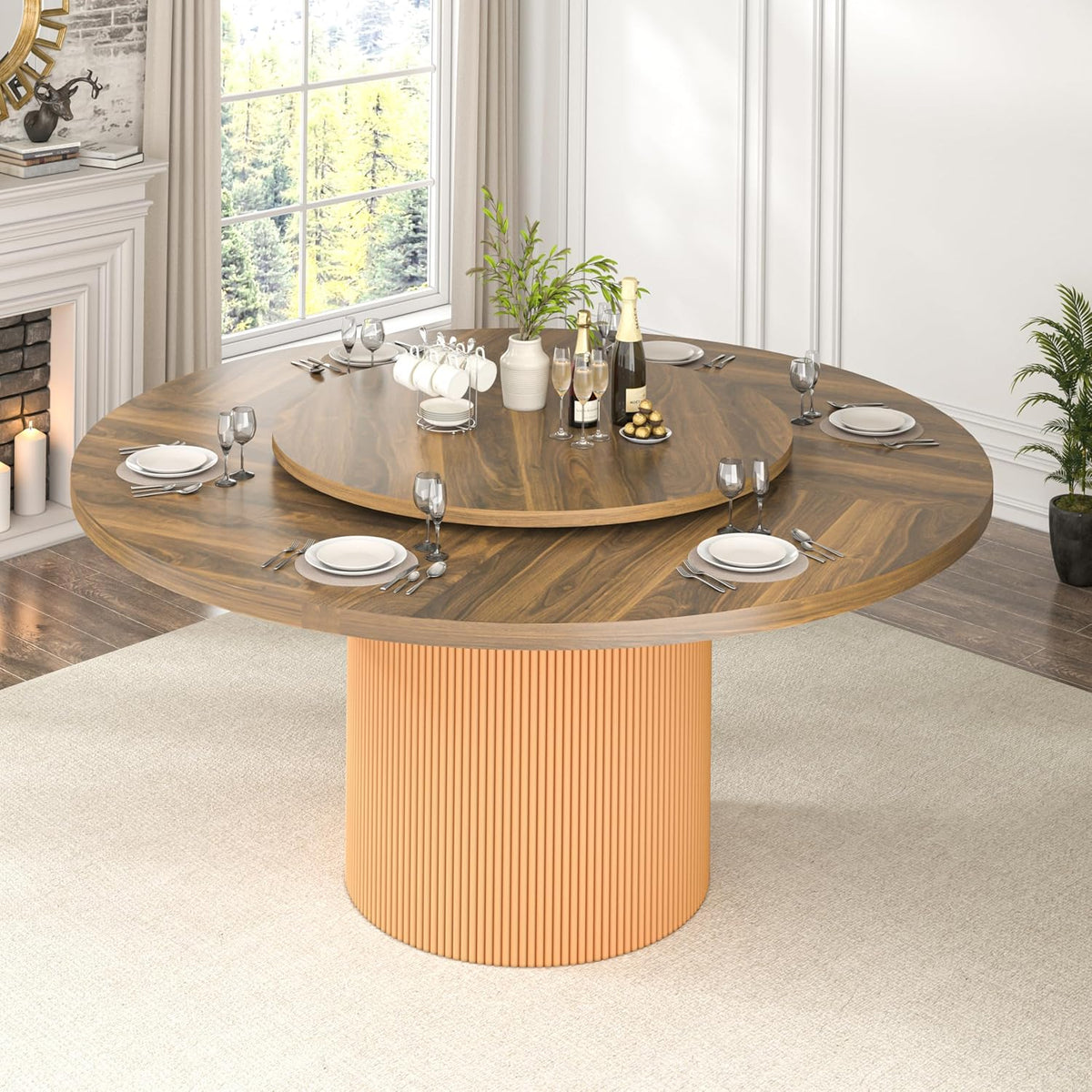 55 Inch Round Dining Table for 6 with Lazy Susan, Modern Farmhouse Kitchen Table with Wood Strip Base for Dining Living Room, Brown