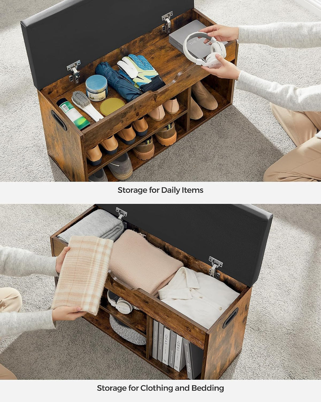 VASAGLE Storage Bench with Cushion, Shoe Bench,11.8 x 31.5 x 17.3 Inches | Padded Seat, Hidden Storage, Hold up to300 lb, Entryway, Rustic Brown and Ink Black, CUSTOS Collection ULHS30BX