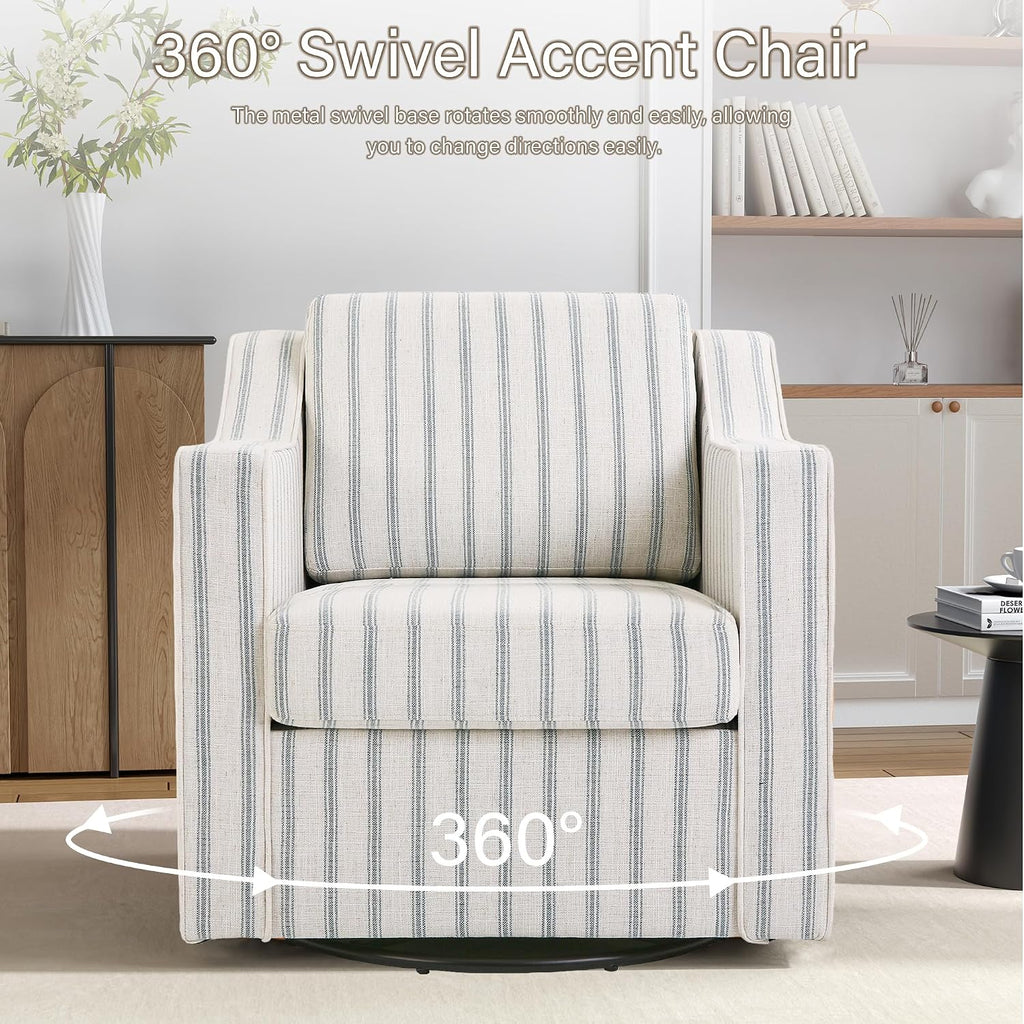 Swivel Accent Chairs Set of 2, 360° Swivel Upholstered Club Armchairs for Living Room, Comfy Reading Chair with Deep Seat, Metal Swivel Base, Pinstripe Light Blue