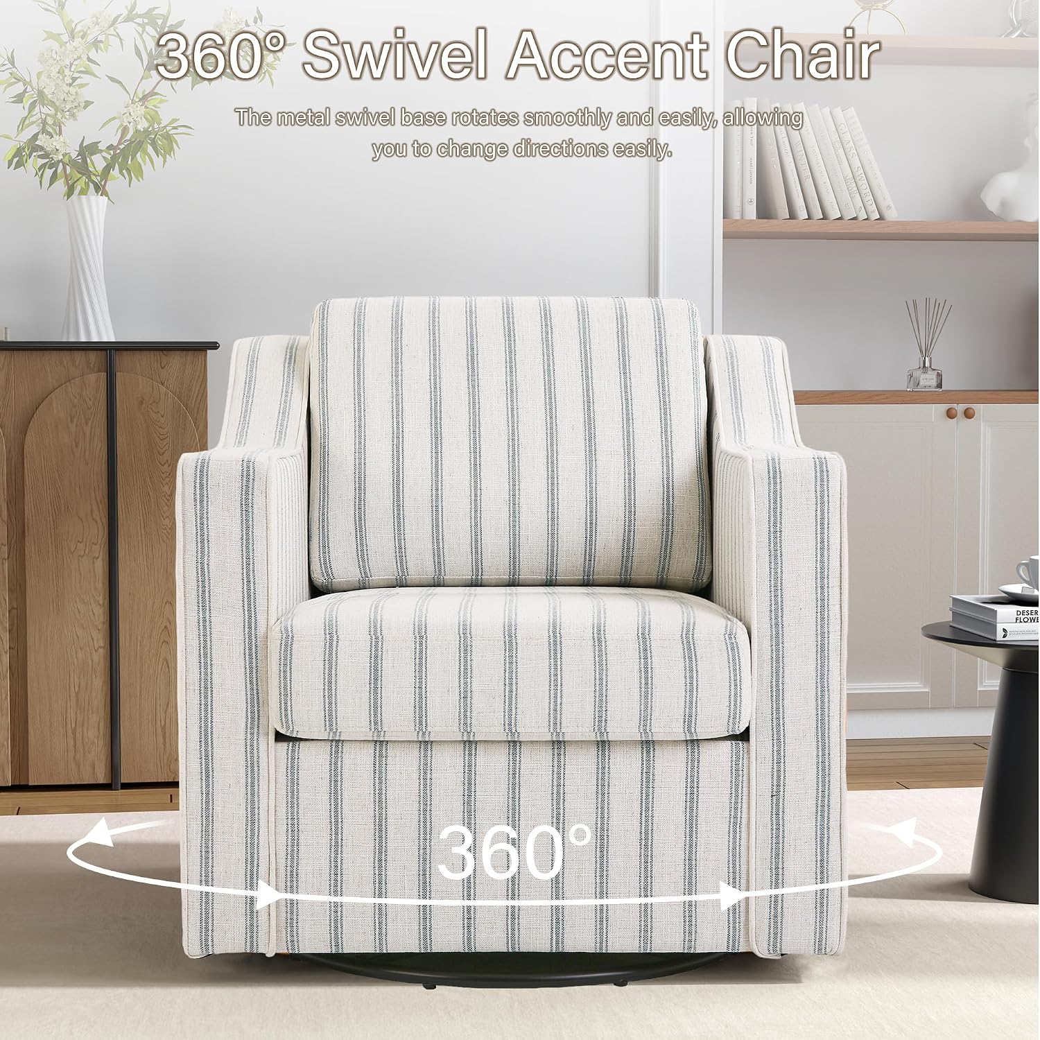 Swivel Accent Chairs Set of 2, 360° Swivel Upholstered Club Armchairs for Living Room, Comfy Reading Chair with Deep Seat, Metal Swivel Base, Pinstripe Light Blue