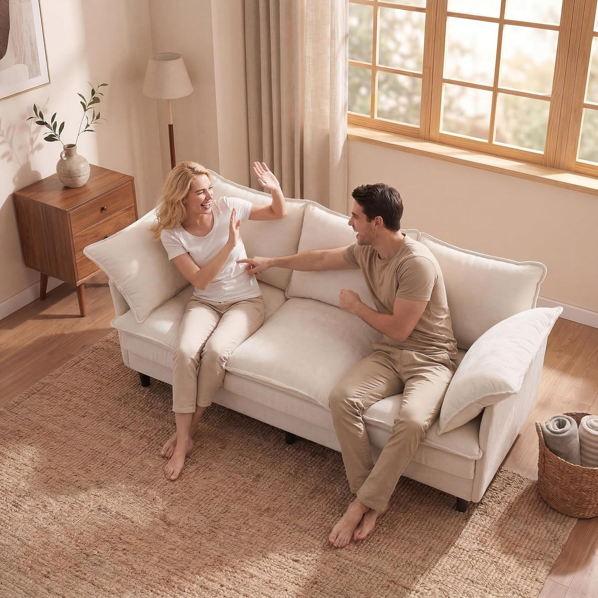 KYJ 69” Small Sofa, Cloud 3-Seat Love Seat, Small Couch for Living Room | 3 Layer Cushion, Washable Pillow, Deep Seat, Chenille Fabric, Raised Leg, Curved Armrest, In a Box for Small Spaces, Beige