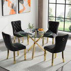 36" Luxury Gold Glass Dining Room Table Set for 4, 5-Piece Round Kitchen Dining Table Set with Cross Metal Legs and 4 Black Velvet Upholstered Chairs, Glass Kitchen Table & Chairs Set
