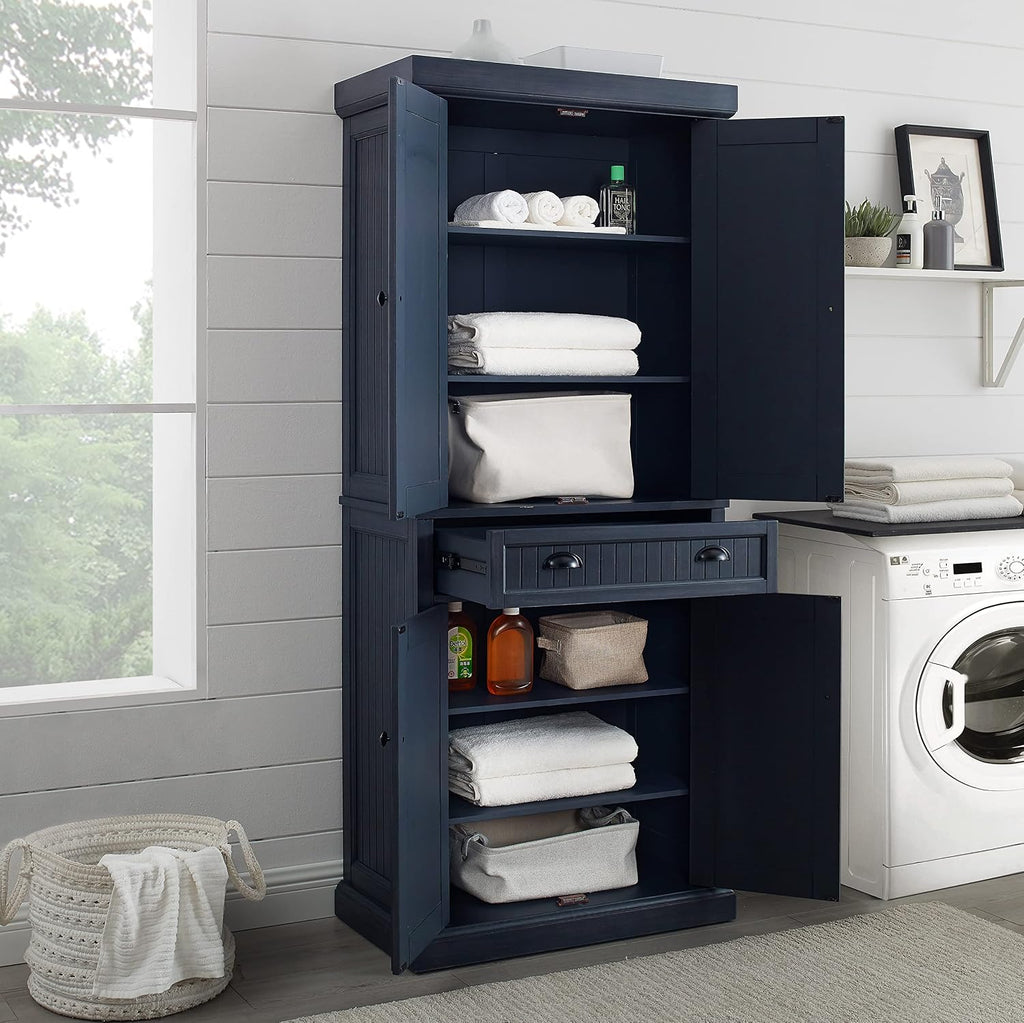 Crosley Furniture Seaside Coastal Pantry Storage Cabinet with Shelves, Kitchen, Dining, or Laundry Room, Distressed Navy