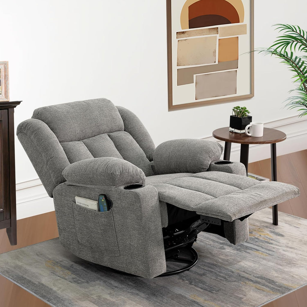 Ketaiyou Rocker Swivel Recliner Chair for Adults, Overstuffed Large Manual Recliner Glider with Massage and Heat, Comfy Soft Fabric Living Room Reclining Sofa Chair (Lime Gray1)