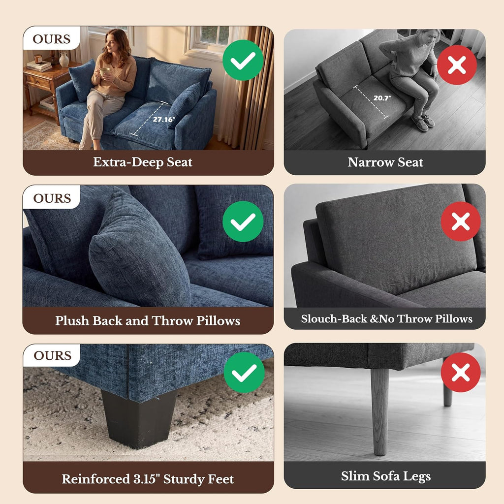 KYJ Loveseat Sofa, Cloud Love Seat Couch 3 Layer Cushion for Small Spaces | 50" Chenille Small Sofa, 27" Deep Seat, 2 Washable Pillow, in a Box for Bedroom & Living room, Singles, Couple & Kid, Blue