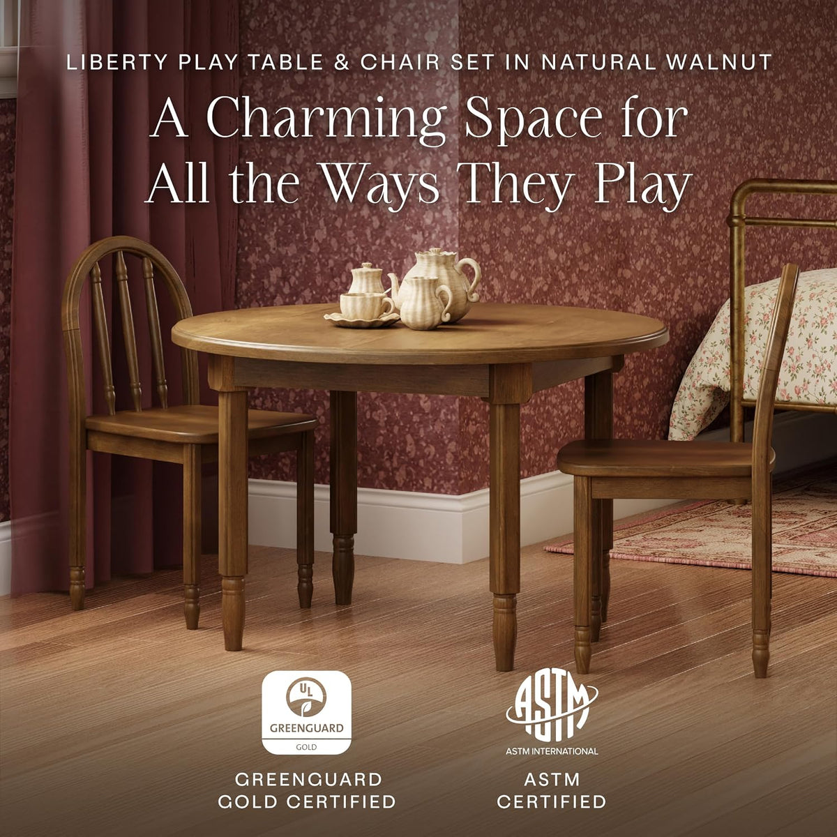 NAMESAKE Liberty Play Table & Spindle Chairs Set in Natural Walnut | Greenguard Gold Certified, Wooden Activity Table & Activity Seat for Children's Playroom, Vintage Inspired Reading Desk
