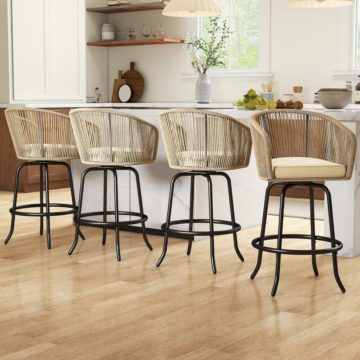 YITAHOME 27" Bar Stools Set of 4 with Arms & Cushions, 360° Swivel Outdoor Bar Stools, All Weather Counter Height Bar Stools Set of 4 with Curved Back for Backyard, Kitchen Island, Dining Room, Beige
