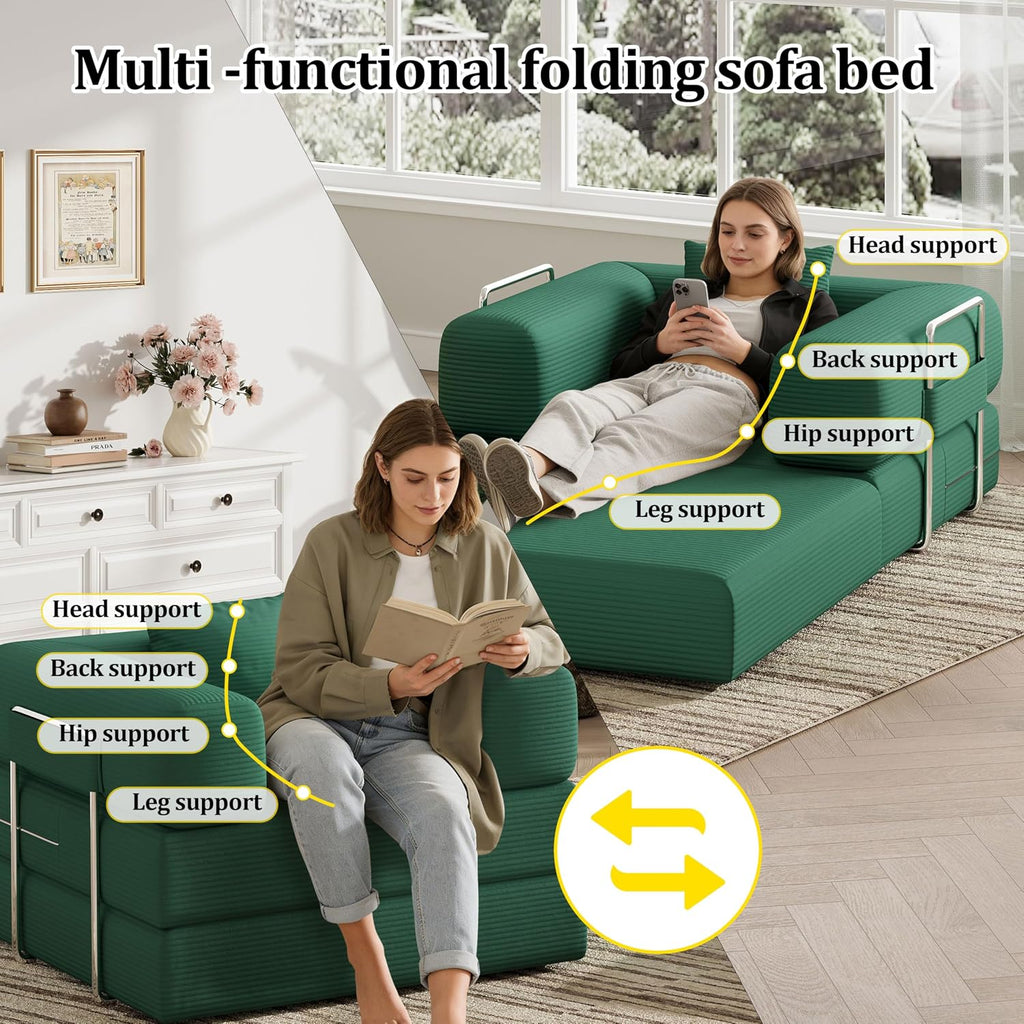 Single Couch Sofa for Small Spaces, 2-in-1 Single Sofa with Soft Corduroy Foldable Chair Lounger Sleeper Sofas for Small Apartment, Living Room, Home Office (Green, 35.43" Single Sofa)