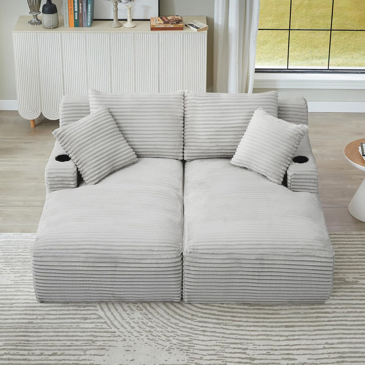 Eafurn Oversized Double Chaise Lounge Indoor with Cup Holders & Side Pocket, 71" Plush Corduroy Floor Chaise Lounge Sofa with High Density Sponge & Deep High Seat Comfy Sleeper Couch Bed
