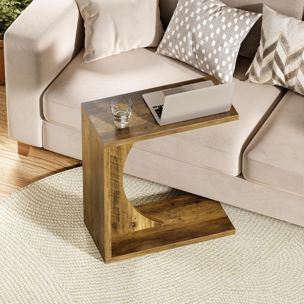 LITTLE TREE C Shaped End Table for Sofa & Bedroom - Small Side Table for Living Room, Over Couch Tray Stand for Laptop, Snacks, Books, Brown, 1 Pack