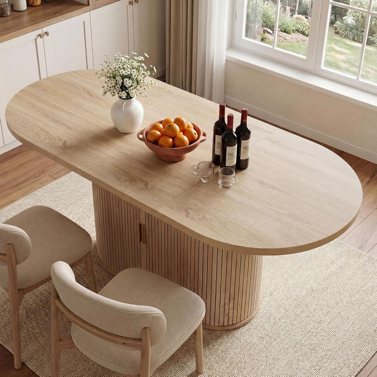 DWVO 70.9" Oval Dining Table for 6-8, Modern T-Shaped Kitchen Table with Storage Shelves & Pedestal Base, Multi-Purpose Dinner & Office Table, Light Oak