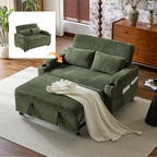 VINGLI Green Futon Sofa Bed Convertible Loveseat Sleeper Sofa Couch, Corduroy Pullout Sofa Fold Out Couch Bed with USB Ports, Cup Holders, Armrest for Living Room, Bedroom Apartment Room