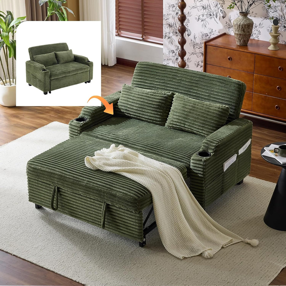 VINGLI Green Futon Sofa Bed Convertible Loveseat Sleeper Sofa Couch, Corduroy Pullout Sofa Fold Out Couch Bed with USB Ports, Cup Holders, Armrest for Living Room, Bedroom Apartment Room
