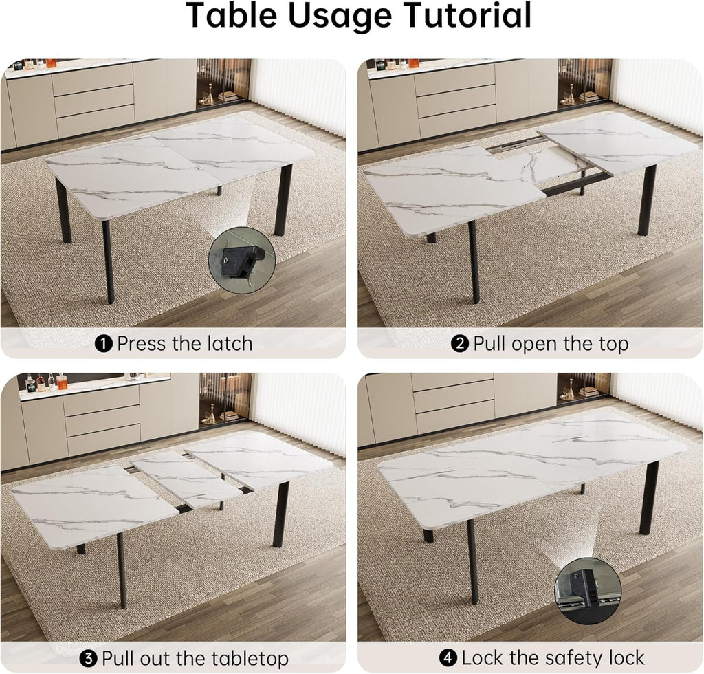 HIPIHOM Extendable Dining Table Set for 6-8 People, 63 to 78.7 Inch MDF Kitchen Table with 8 Faux Leather Dining Chairs, Space-Saving for Dining Room, Breakfast Nook (White Table & 8 White Chairs)