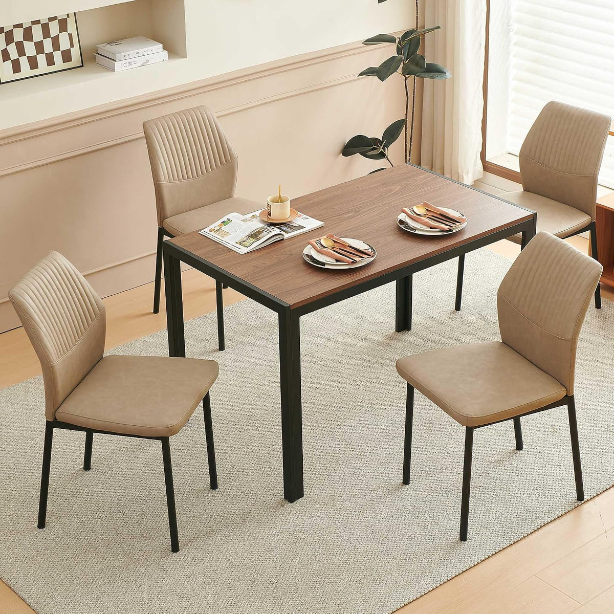 Comfortable Dining Chairs Set of 4 Upholstered Faux Leather Cushion Seat | Ergonomic Design, Easy Assembly, Stain Resistant Material - Beige