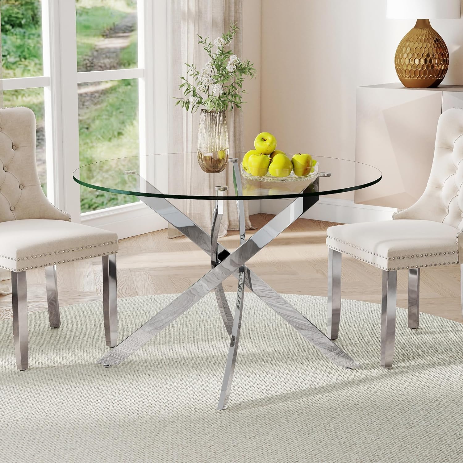 36-Inch Round Tempered Glass Dining Table for 2-4 Person Space-Saving Small Kitchen Table with Heavy-Duty Metal Legs Perfect for Dining Room, Apartment, Condo (Silver)