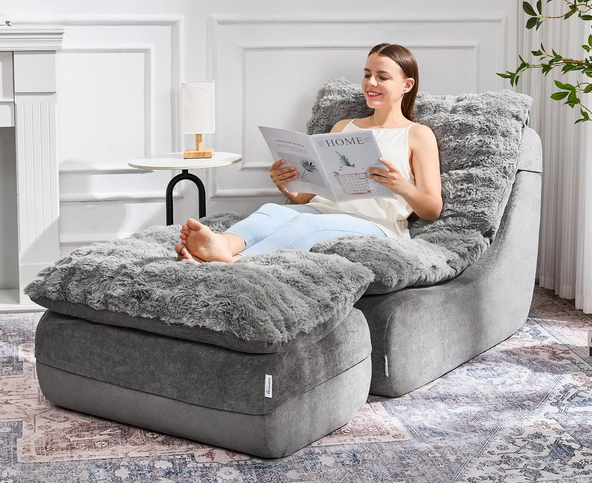 Hobestluk Small Couch Sofa Chaise Lounge Chair Recliner Chair with Footrest | Ergonomic Design,Fluffy Fabric,Multi-Functional Ottoman,No Assembly,Lounge Chair Indoor Living Room Apartment | Grey Single