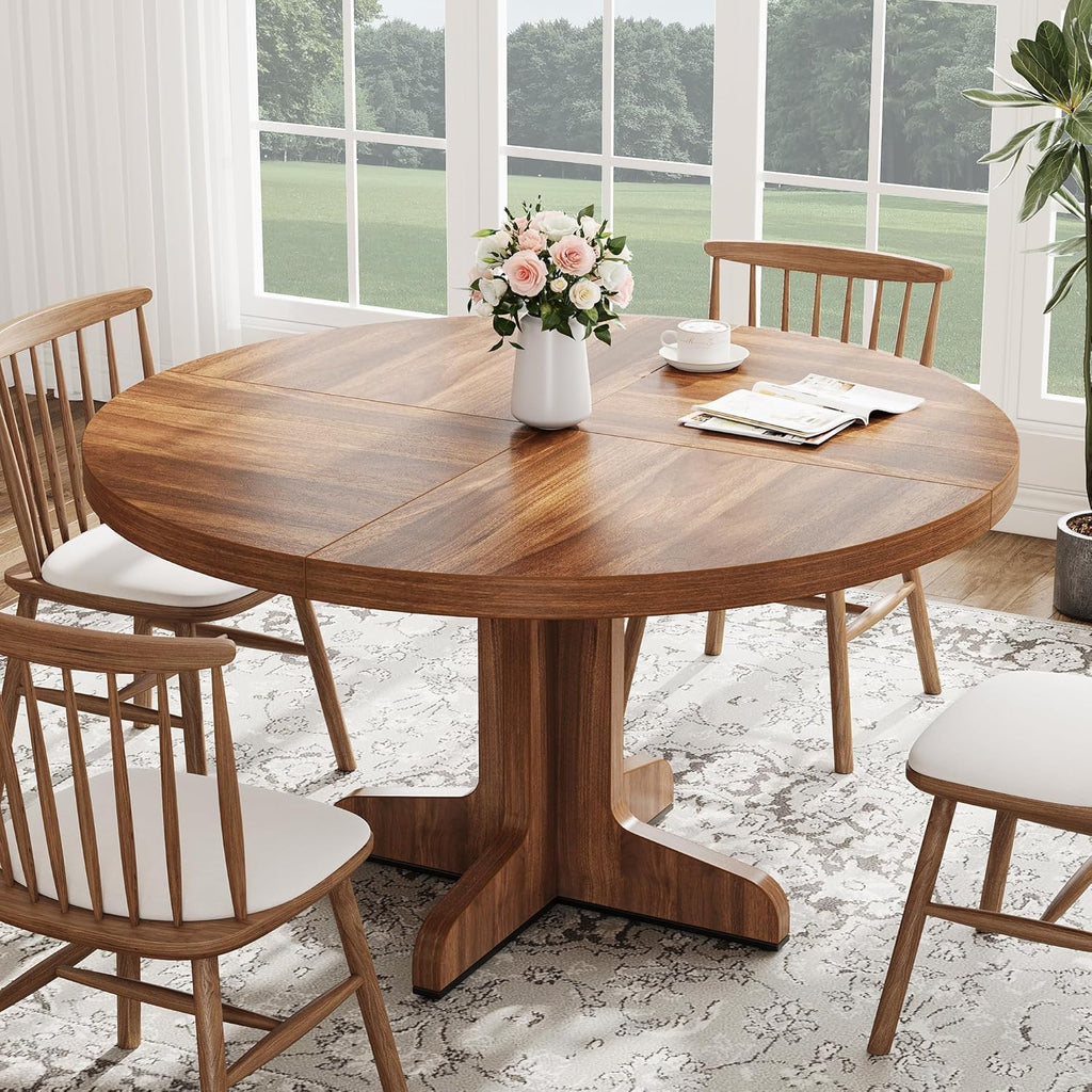 IDEALHOUSE Round Dining Table for 4, 47 Inches Dining Room Table with Wooden Base, Circle Kitchen Dinner Table for Dining Room, Kitchen, Living Room (Table Only), Walnut