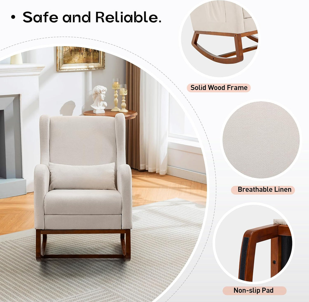 Nursery Rocking Chair, Glider Rocker Indoor with Footrest, Beige | High Back Nursing Chair with Side Pocket, Upholstered Thick Foam Glider Chair with Rubberwood Base for Living Room Bedroom