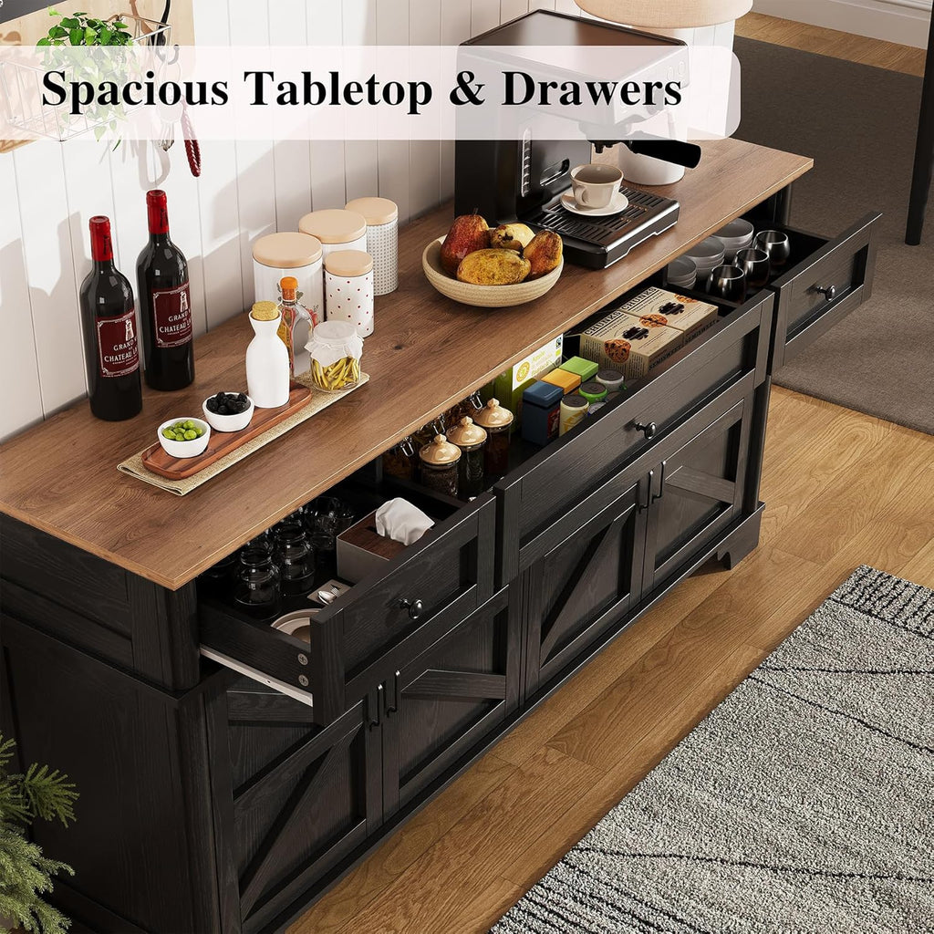 BestHaped 65 Inch Farmhouse Buffet Cabinet with Storage, Black Sideboard Buffet Cabinet with Adjustable Shelves & 3 Drawers, Buffet Table Coffee Bar Wine Bar Storage for Kitchen & Living Room