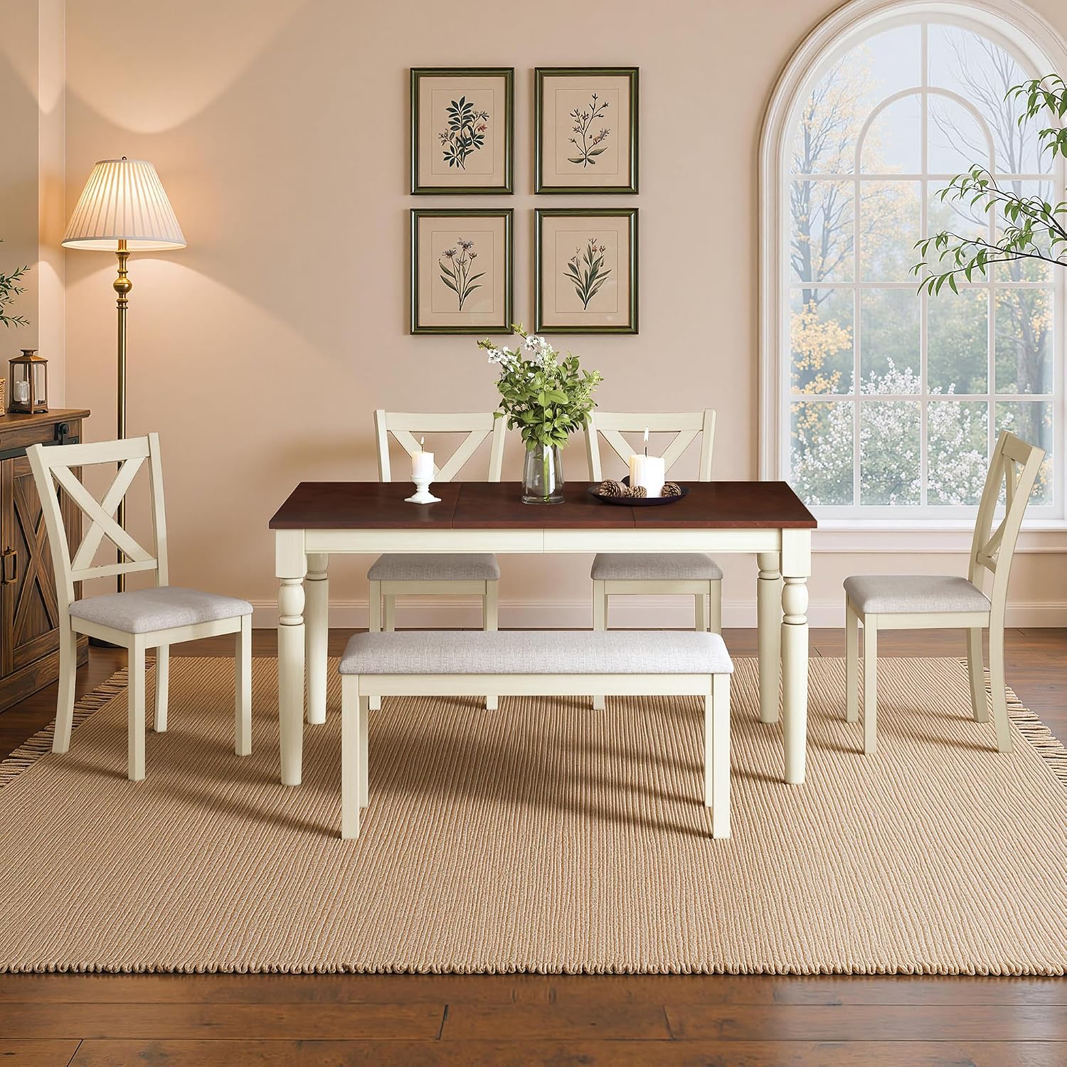 LUXOAK 6 Piece Solid Wood Dining Table Set with 60" Farmhouse Table | Solid Wood Table, 4 Upholstered Chairs, Bench Included, Seating for 6, Cream White Finish