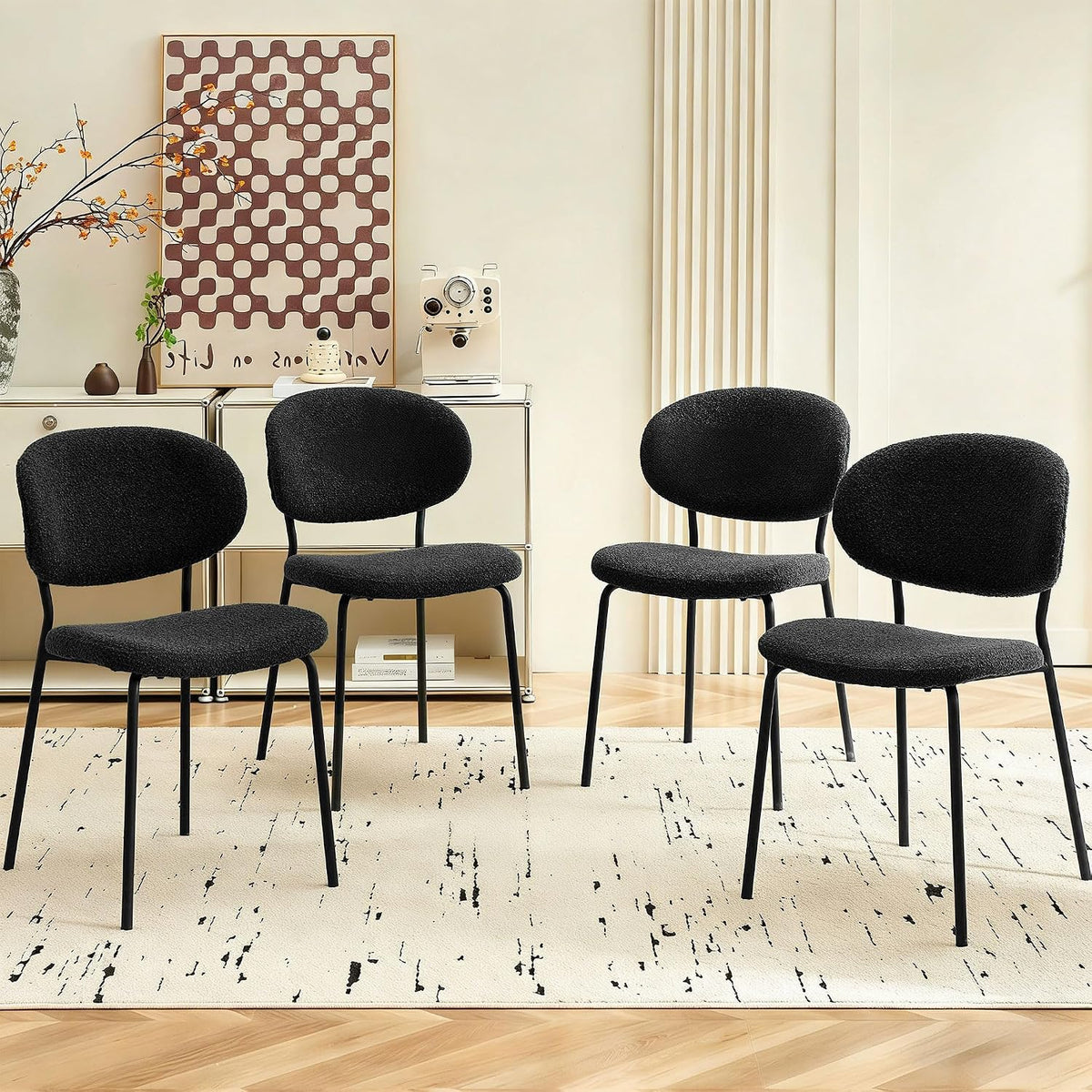 Homedot Modern Kitchen Dining Chairs Black Set of 4, Upholstered Boucle Round Bedroom Reception Side Chairs with Ergonomic Backrest for Apartment, Dining Room, Living Room, Dining Hall