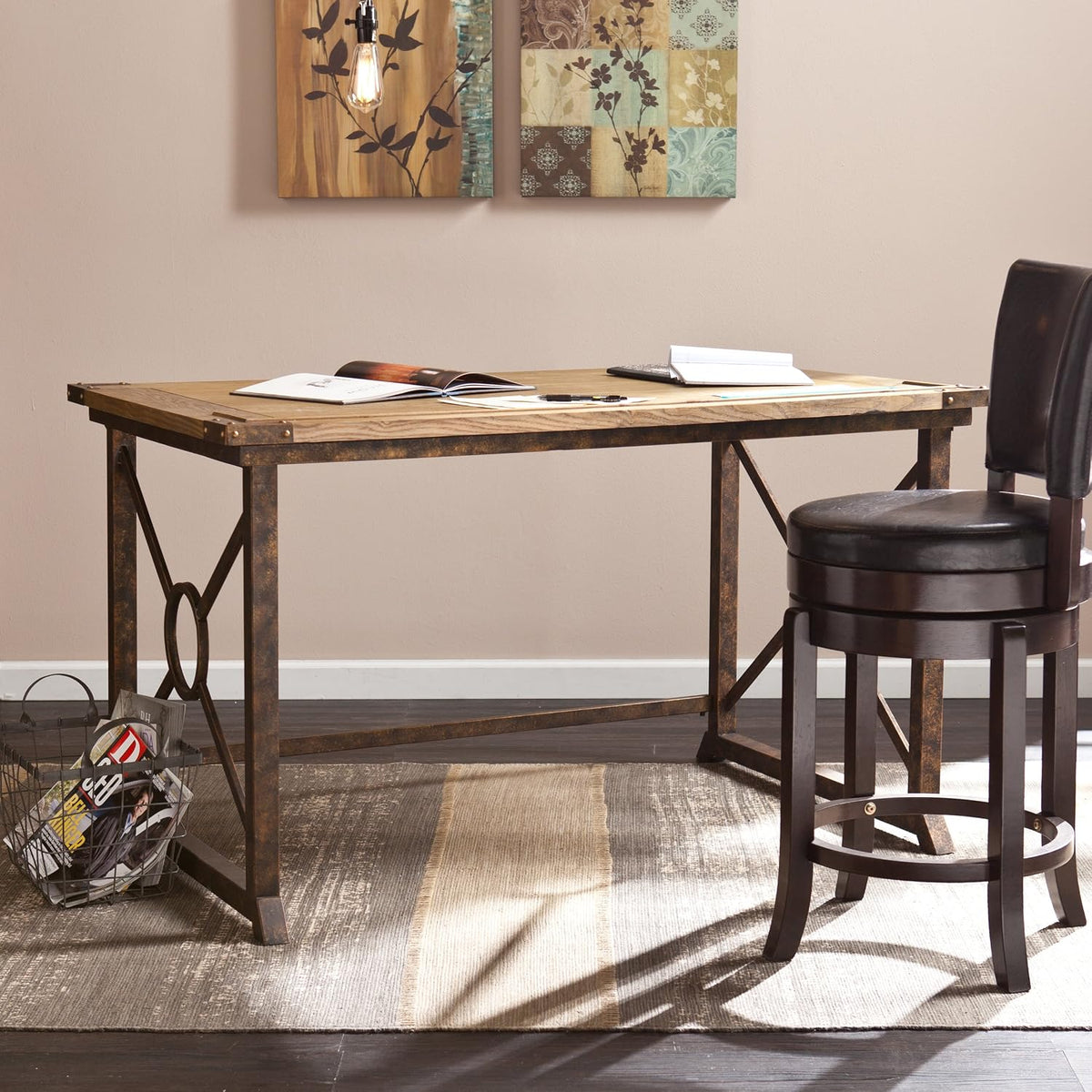SEI FURNITURE Knightley Tilt Top Drafting Table - 51.5 inch Wide - Oak Wood Finish w/ Antique Brass, Brown