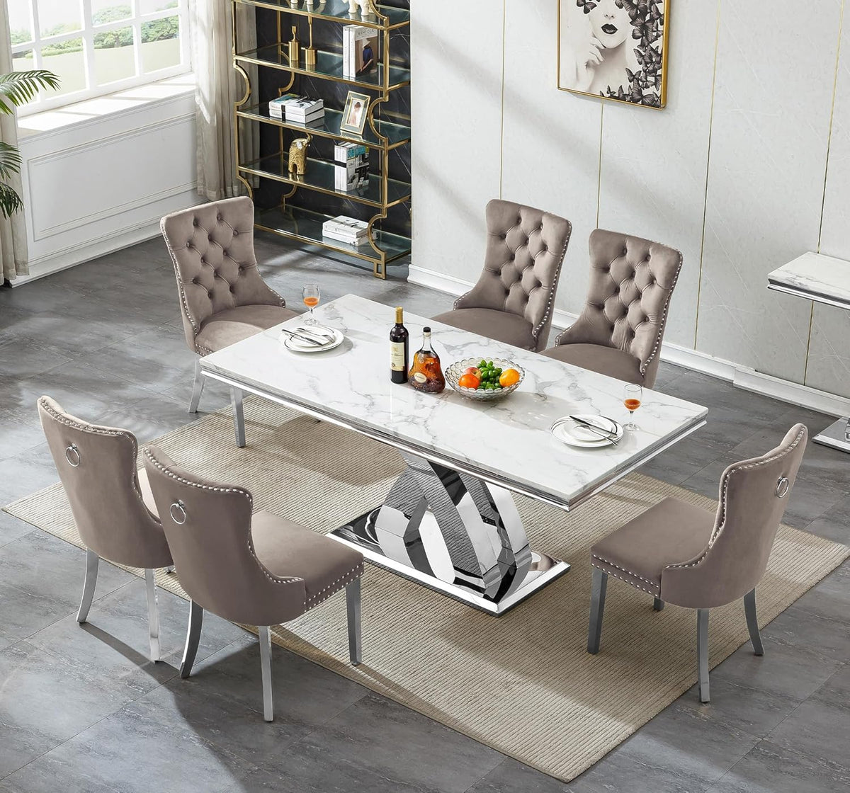68" Marble Dining Table Set for 6, Modern Rectangle Dining Room Table Set for 6, Luxury White Silver Marble Kitchen Table and Chairs Set of 6 for Living Room,Kitchen