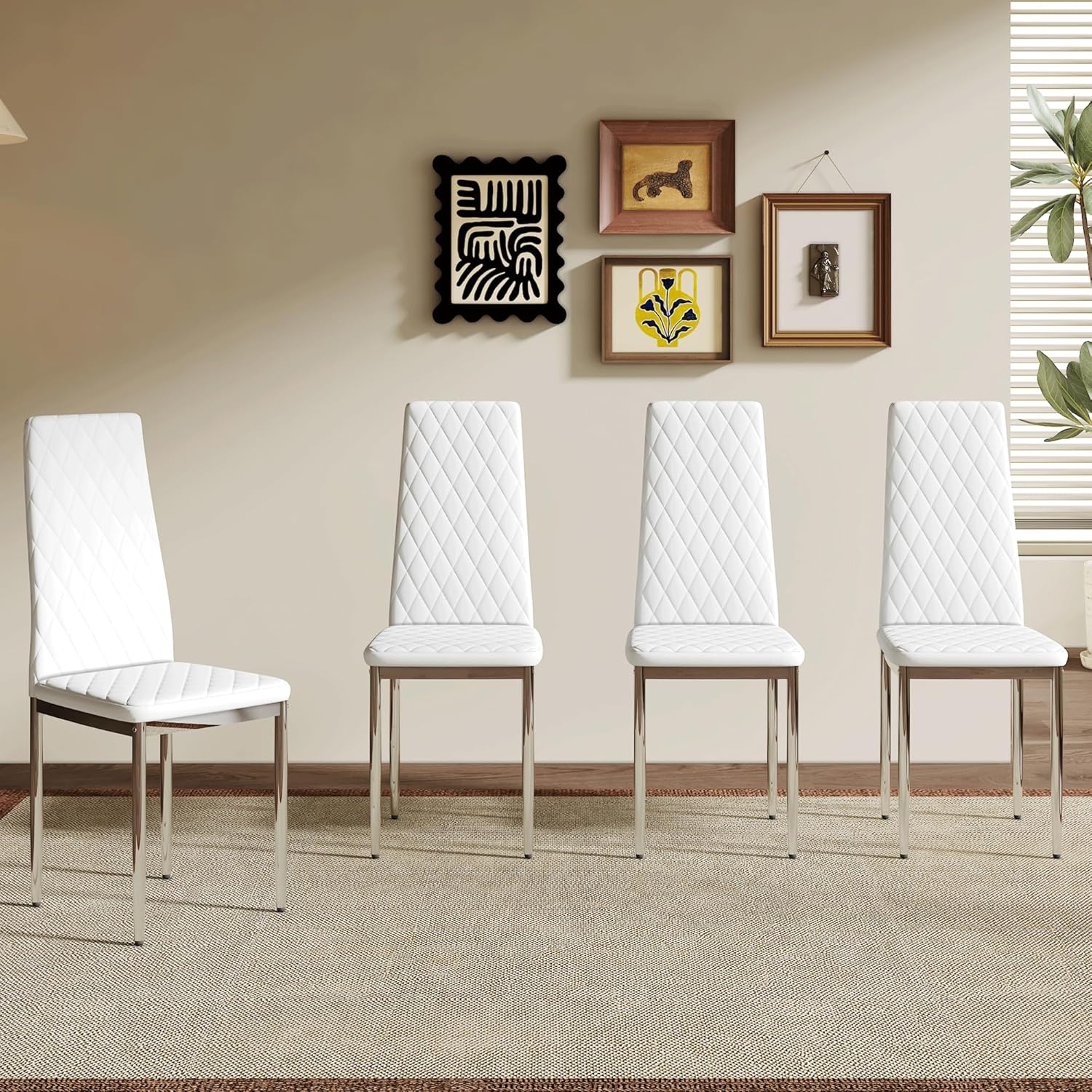 Modern Dining Chairs Set of 4, White PU Leather Kitchen Chairs, Upholstered High Back Chair with Silver Metal Legs for Kitchen, Dining Room, Restaurant