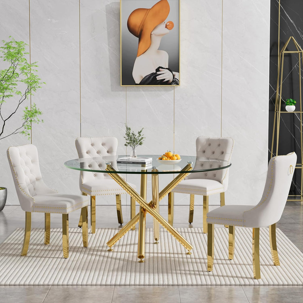 Round Glass Dining Table Set for 4, Small Kitchen Table Set for 4, 47" Circle Gold Glass Dinner Table for 4 with Beige Velvet Chairs, 5 Piece Dining Room Table Set for 4 for Breakfast Dinette Cafe
